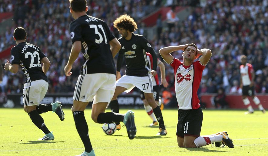 Southampton's Dusan Tadic reacts after no penalty is awarded to him during their English Premier League soccer match against Manchester United at St Mary's Stadium, Southampton, England, Saturday, Sept. 23, 2017. (Andrew Matthews/PA via AP)