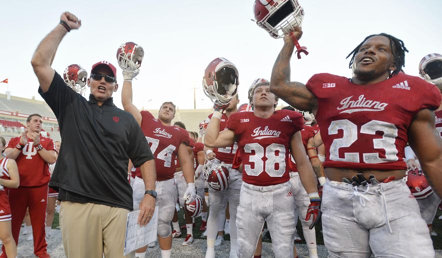 Indiana head coach Tom Allen and the team sing the Indiana fight song after an NCAA college football game against Georgia Southern, Saturday, Sept. 23, 2017, in Bloomington, Ind. (Chris Howell/The Herald-Times via AP)