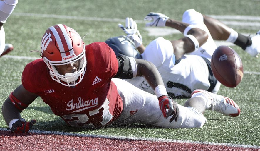 Indiana running back Morgan Ellison (27) fumbles the ball just short of the goal line during an NCAA college football game against Georgia Southern, Saturday, Sept. 23, 2017, in Bloomington, Ind. (Chris Howell/The Herald-Times via AP)