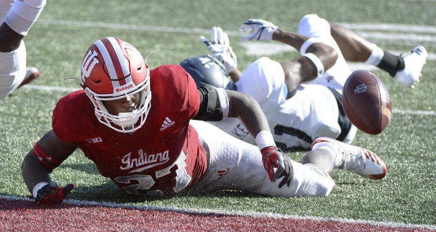 Indiana running back Morgan Ellison (27) fumbles the ball just short of the goal line during an NCAA college football game against Georgia Southern, Saturday, Sept. 23, 2017, in Bloomington, Ind. (Chris Howell/The Herald-Times via AP)