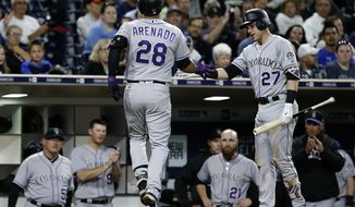 Colorado Rockies&#39; Nolan Arenado, left, gets congratulations from Trevor Story after hitting a solo home run during the fifth inning of a baseball game against the San Diego Padres in San Diego, Friday, Sept. 22, 2017. (AP Photo/Alex Gallardo)