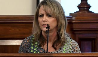 Karen Bobo speaks to Zach Adams during the victim impact statement during the penalty phase of the Holly Bobo murder trial, Saturday, Sept. 23, 2017 in Savannah, Tenn.  Adams, 33, avoided a possible death penalty by agreeing to a sentence of life in prison plus 50 years.   A Hardin County jury convicted Adams on Friday of kidnapping, raping and murdering Holly Bobo in 2011.  (Kenneth Cummings/The Jackson Sun via AP, Pool)