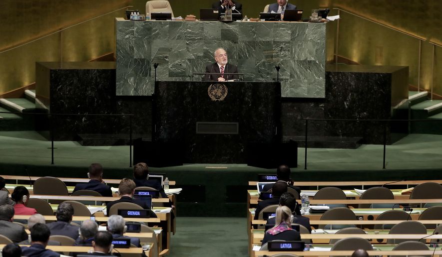 Iraq&#x27;s Minister for Foreign Affairs Ibrahim Abdulkarim Al-Jafari speaks during the 72nd session of the United Nations General Assembly, Saturday, Sept. 23, 2017, at U.N. headquarters. (AP Photo/Julie Jacobson)