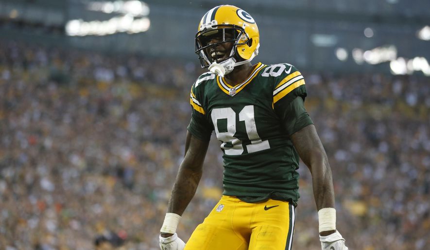 Green Bay Packers' Geronimo Allison (81) celebrates his 72-yard catch during overtime of an NFL football game against the Cincinnati Bengals Sunday, Sept. 24, 2017, in Green Bay, Wis.The Packers won 27-24. (AP Photo/Matt Ludtke)