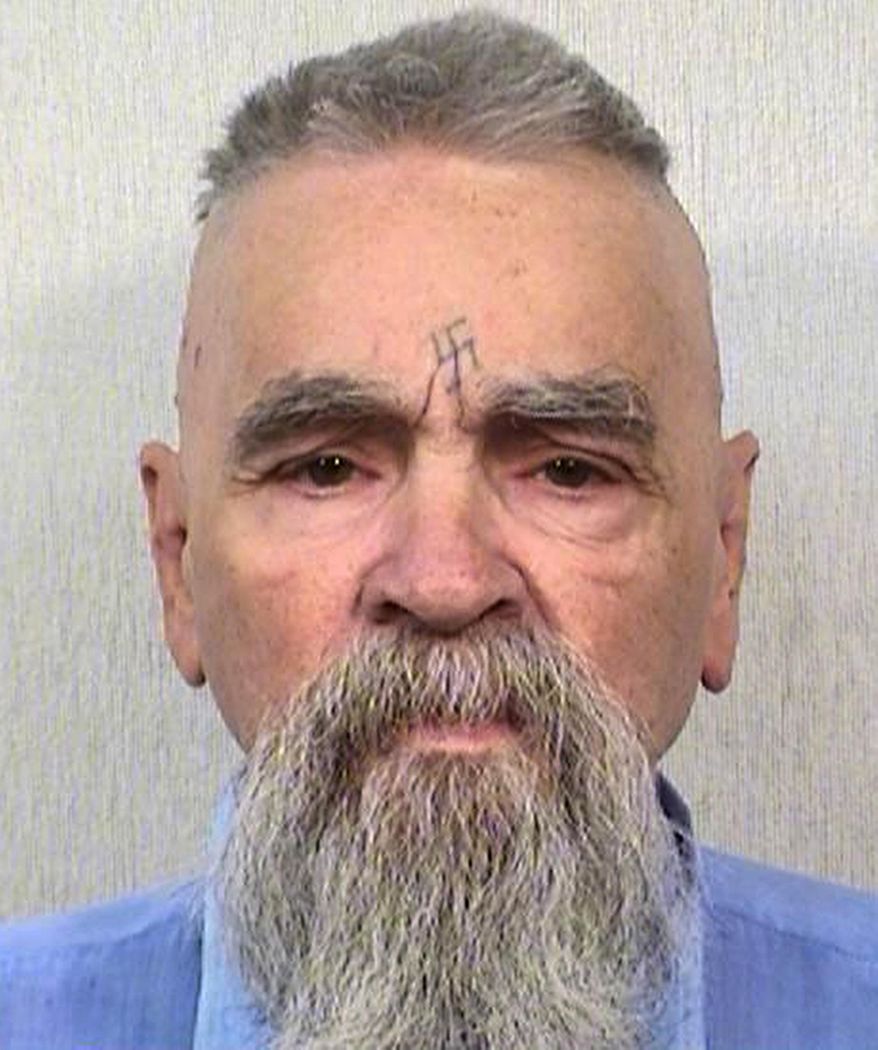FILE - This Oct. 8, 2014, file photo, provided by the California Department of Corrections shows Charles Manson. The leader of the murderous Manson "family" is 82 and among the older prisoners whose age would have to be considered as a condition for parole under a bill approved by California lawmakers. The legislation aims to release more inmates over 60 to overcrowding, though it's extremely unlikely Manson would ever be freed. (California Department of Corrections and Rehabilitation via AP)