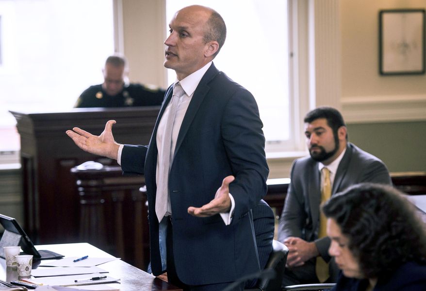 Chandler Matson, an attorney with Barr Law Group in Stowe, Vt., and representing a group of EB-5 investors who are suing the state, argues in Vermont Superior Court in Hyde Park on Monday, Sept. 25, 2017, that they should be able to interview witnesses in formal depositions to preserve information critical to their claims that the state mismanaged the EB-5 program. The state of Vermont is planning to file a motion to dismiss the case early next month claiming it and all its employees should be immune from the civil suit filed by a number of people who invested in the Jay Peak ski resort. (Ryan Mercer/The Burlington Free Press via AP, Pool)