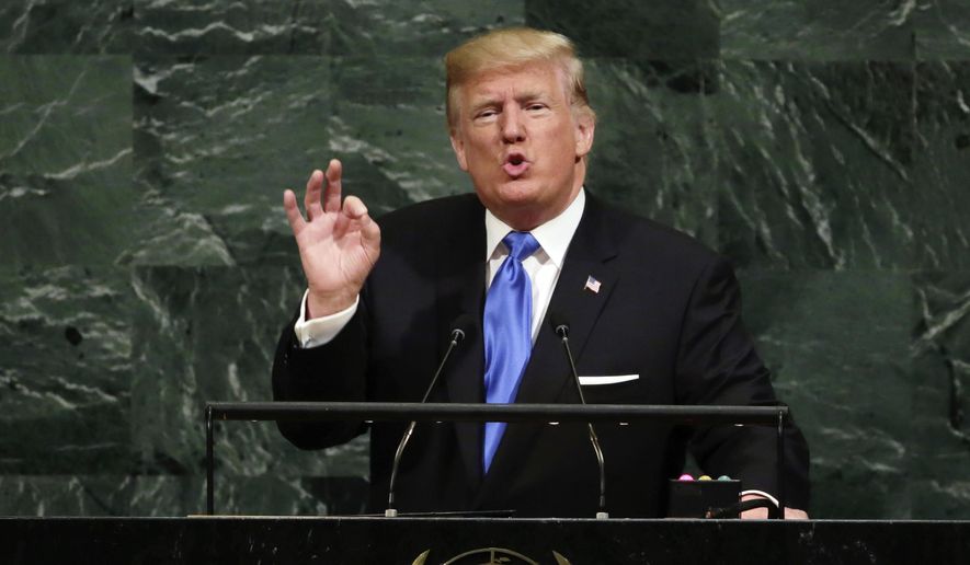 In this Sept. 19, 2017, file photo, U.S. President Donald Trump addresses the 72nd session of the United Nations General Assembly, at U.N. headquarters. (AP Photo/Richard Drew, File) **FILE**