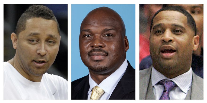 These file photos show, assistant basketball coaches Tony Bland, left, Chuck Person, center, and Lamont Richardson. The three, along with assistant coach Lamont Evans of Oklahoma State, were identified in court papers and are among 10 people facing federal charges in Manhattan federal court, Tuesday, Sept. 26, 2017, in a wide probe of fraud and corruption in the NCAA, authorities said. (AP Photo/File)