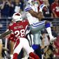Dallas Cowboys wide receiver Brice Butler (19) pulls in a touchdown catch as Arizona Cardinals cornerback Justin Bethel (28) defends during the second half of an NFL football game, Monday, Sept. 25, 2017, in Glendale, Ariz. (AP Photo/Ross D. Franklin)