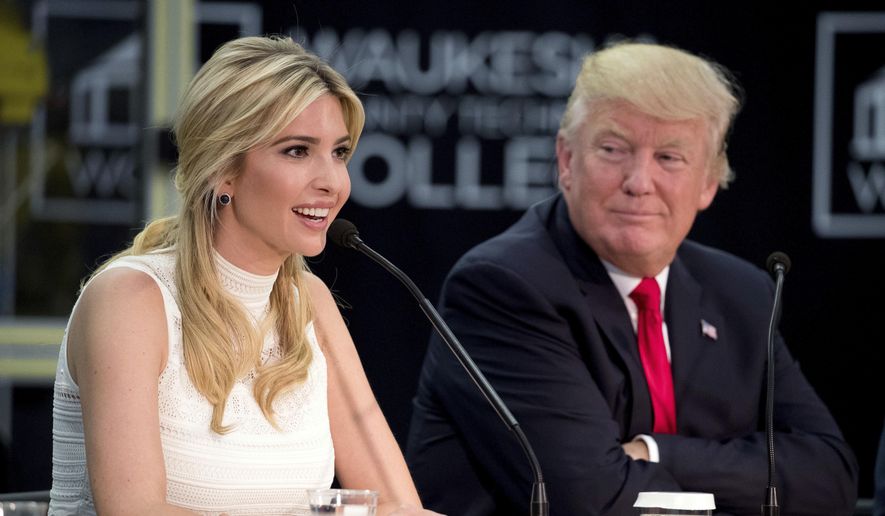 In this June 13, 2017, file photo, President Donald Trump, right, listens as his daughter, Ivanka Trump, speaks at a workforce development roundtable at Waukesha County Technical College in Pewaukee, Wis. (AP Photo/Andrew Harnik, File)