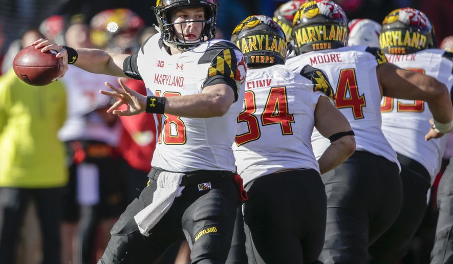 FILE - In this Nov. 19, 2016, file photo, Maryland quarterback Max Bortenschlager (18) throws during the second half of an NCAA college football game against Nebraska in Lincoln, Neb. Bortenschlager will make his second career start in place of Kasim Hill when the Terrapins visit Minnesota Saturday in the Big Ten opener for both teams. Coach DJ Durkin said Tuesday, Sept. 26, 2017, that Hill will miss the rest of the season with a torn right anterior cruciate ligament suffered in Saturday’s 38-10 loss to Central Florida. (AP Photo/Nati Harnik, File)