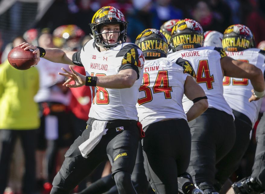 FILE - In this Nov. 19, 2016, file photo, Maryland quarterback Max Bortenschlager (18) throws during the second half of an NCAA college football game against Nebraska in Lincoln, Neb. Bortenschlager will make his second career start in place of Kasim Hill when the Terrapins visit Minnesota Saturday in the Big Ten opener for both teams. Coach DJ Durkin said Tuesday, Sept. 26, 2017, that Hill will miss the rest of the season with a torn right anterior cruciate ligament suffered in Saturday’s 38-10 loss to Central Florida. (AP Photo/Nati Harnik, File)