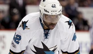 FILE - In this Feb. 18, 2017, file photo, San Jose Sharks right wing Joel Ward lines up against the Arizona Coyotes during the third period of an NHL hockey game in Glendale, Ariz. Ward tells The Mercury News he might take a knee during the national anthem at an upcoming game, becoming the first NHL player to join the protests that started in the NFL and drew criticism from President Donald Trump. (AP Photo/Chris Carlson, File)