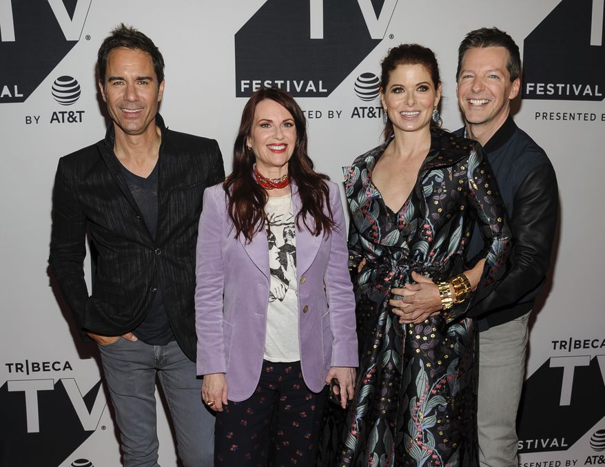 FILE - In this Sept. 23, 2017, file photo, the cast of "Will & Grace, from left, Eric McCormack, Megan Mullally, Debra Messing and Sean Hayes, attend a screening of the new season of the TV show during the Tribeca TV Festival at Cinepolis Chelsea in New York. The actors say they’re grateful to be dusting off their “Will & Grace” characters for the series’ unprecedented return to primetime on Thursday, Sept. 28. (Photo by Christopher Smith/Invision/AP, File)