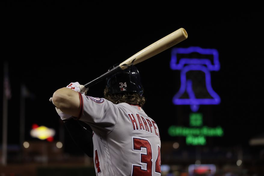 Washington Nationals' Bryce Harper in action during a baseball game against the Philadelphia Phillies, Wednesday, Sept. 27, 2017, in Philadelphia. (AP Photo/Matt Slocum)