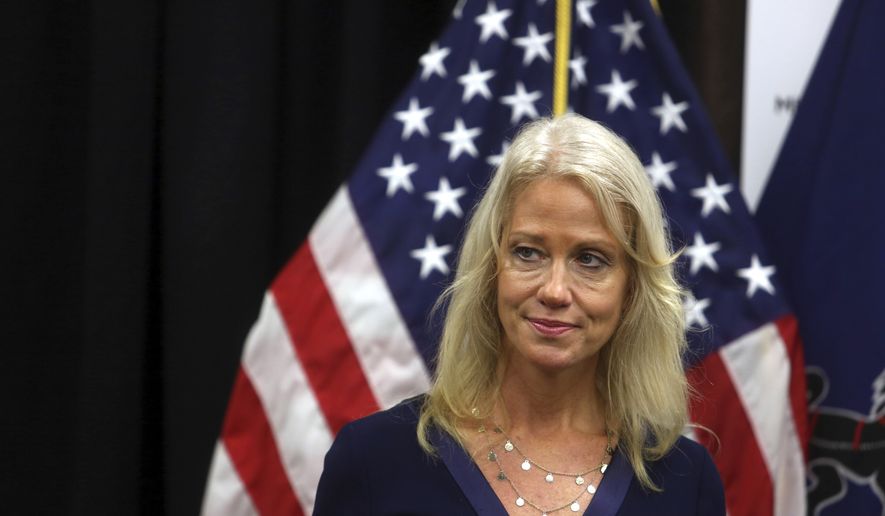 Counselor to the President Kellyanne Conway attends a news conference with Health and Human Services Secretary Tom Price, not shown, at the Mirmont Treatment Center Friday Sept.15, 2017, in Media, Pa. Conway and Price toured the center for drug and alcohol addiction recovery and discussed the opiod crisis. (AP Photo/Jacqueline Larma)
