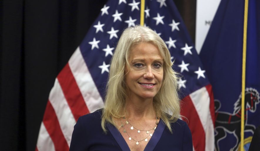 Counselor to the President Kellyanne Conway attends a news conference with Health and Human Services Secretary Tom Price, not shown, at the Mirmont Treatment Center Friday Sept. 15, 2017, in Media, Pa. (AP Photo/Jacqueline Larma) ** FILE **