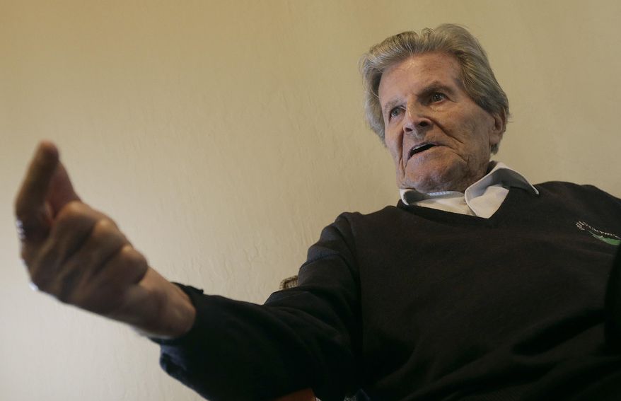 FILE - In this Feb. 22, 2013 file photo Norman Dyhrenfurth is interviewed in Berkeley, Calif. USA. Norman Dyhrenfurth, a Swiss-American mountaineer and filmmaker who led the successful U.S. expedition in 1963 to Mount Everest that put six climbers on the summit and inspired generations of Americans, has died. He was 99. Ditta Vogt, the sister of Dyhrenfurth's long-time partner, Maria Sernetz, said Wednesday Sept. 27, 2017 that he died Sunday in a Salzburg hospital. (AP Photo/Jeff Chiu,file)