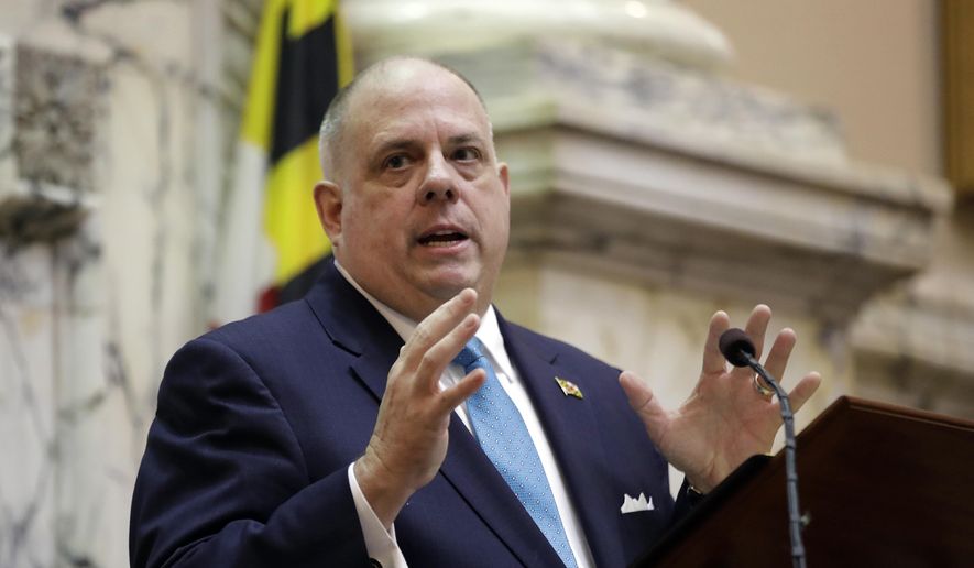 In this Feb. 1, 2017 file photo, Maryland Gov. Larry Hogan delivers his annual State of the State address to a joint session of the legislature in Annapolis, Md.  (AP Photo/Patrick Semansky, File) **FILE**