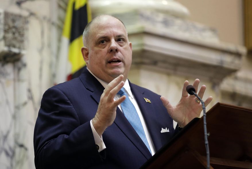 In this Feb. 1, 2017 file photo, Maryland Gov. Larry Hogan delivers his annual State of the State address to a joint session of the legislature in Annapolis, Md.  (AP Photo/Patrick Semansky, File) **FILE**