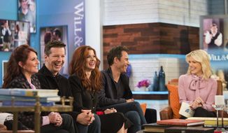 In this Monday, Sept. 25, 2017 photo, the cast of Will &amp;amp; Grace, from left, Megan Mullally, Sean Hayes, Debra Messing and Eric McCormack talk with Megyn Kelly on &amp;quot;Megyn Kelly TODAY&amp;quot; in New York. Kelly received backlash online after bringing a “Will &amp;amp; Grace” fan on and asking him if he was inspired to become gay and a lawyer because of McCormack’s character, a gay attorney. Messing said she regrets her appearance on Kelly’s new NBC daytime show. (Nathan Congleton/NBC via AP)