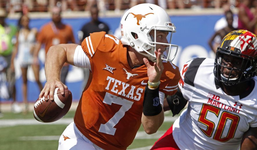 FILE - In this Sept. 2, 2017, file photo, Texas quarterback Shane Buechele (7) runs the ball against Maryland linebacker Mbi Tanyi (50) during the first half of an NCAA college football game in Austin, Texas. Buechele has been taking most of the snaps with the first team after missing the last two games with a sore shoulder. (AP Photo/Michael Thomas, File)