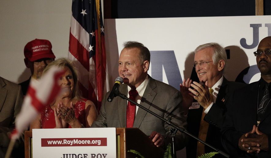 Former Alabama Chief Justice and U.S. Senate candidate Roy Moore speaks during his election party, Tuesday, Sept. 26, 2017, in Montgomery, Ala. Moore won the Alabama Republican primary runoff for U.S. Senate on Tuesday, defeating an appointed incumbent backed by President Donald Trump and allies of Sen. Mitch McConnell. (AP Photo/Brynn Anderson)
