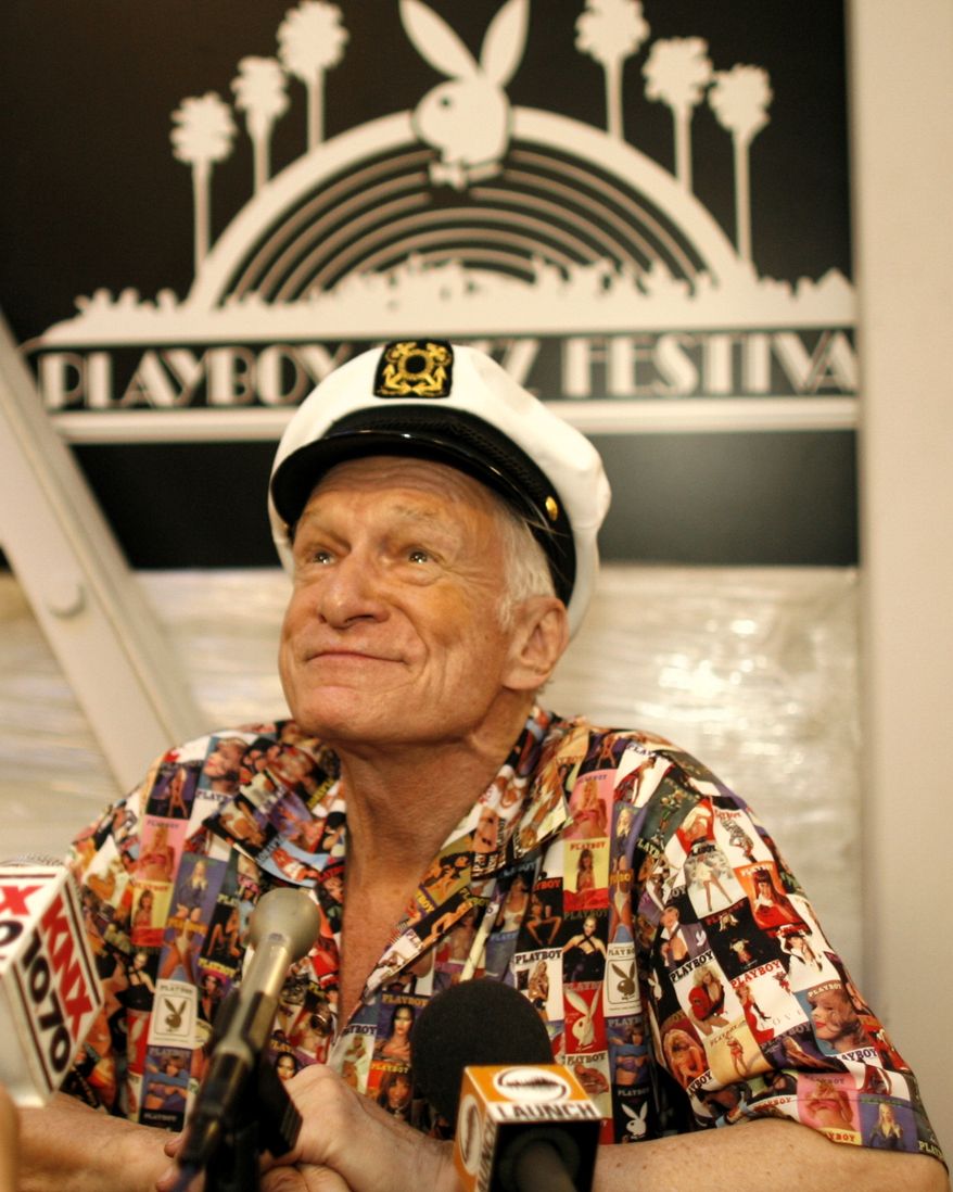 Hugh Hefner, executive producer of the Playboy Jazz Festival, takes questions from reporters at the Hollywood Bowl on Saturday, June 17, 2006, in Los Angeles. (AP Photo/Damian Dovarganes)