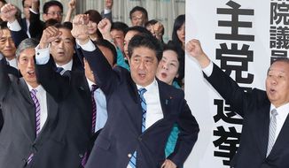Japanese Prime Minister Shinzo Abe, center, cheers with the lawmakers of the ruling Liberal Democratic Party, at the launch of the party&#39;s election headquarters in Tokyo, Thursday, Sept 28, 2017.  A surge of popularity for a freshly minted opposition party in Japan is making Prime Minister Abe’s decision to call a snap election look riskier than initially thought.  Abe dissolved the lower house of parliament Thursday, setting the stage for an Oct. 22 vote. (Takuya Inaba/Kyodo News via AP)