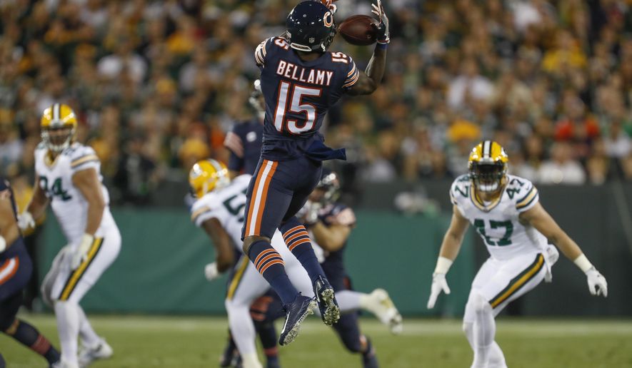 Chicago Bears' Josh Bellamy catches a pass during the first half of an NFL football game against the Green Bay Packers Thursday, Sept. 28, 2017, in Green Bay, Wis. (AP Photo/Matt Ludtke)