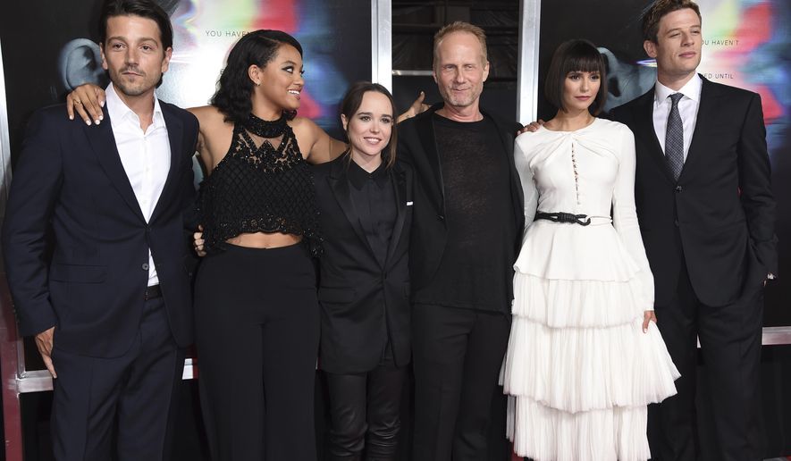 Diego Luna, from left, Kiersey Clemons, Ellen Page, director Niels Arden Oplev, Nina Dobrev and James Norton arrive at the world premiere of "Flatliners" at The Theatre at Ace Hotel on Wednesday, Sept. 27, 2017, in Los Angeles. (Photo by Richard Shotwell/Invision/AP)
