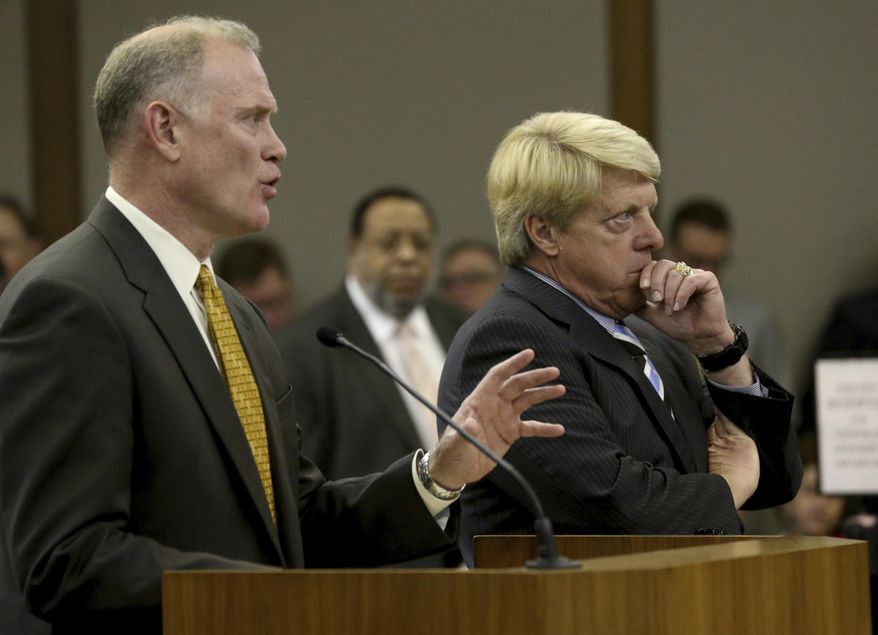 This Monday Feb. 2, 2015 photo shows vice president and general manager of Southern pipeline operations for Dominion Energy, Daniel A. Weekley, left, as he speaks in support of a bill dealing with utility rates presented by Sen. Frank W. Wagner, R-VA Beach, right, to the Senate Commerce and Labor committee inside the General Assembly Building in Richmond, Va. Remarks from Weekley suggest developers of the proposed Atlantic Coast Pipeline are looking at the possibility of a major expansion of the project into South Carolina. (Bob Brown/Richmond Times-Dispatch via AP)