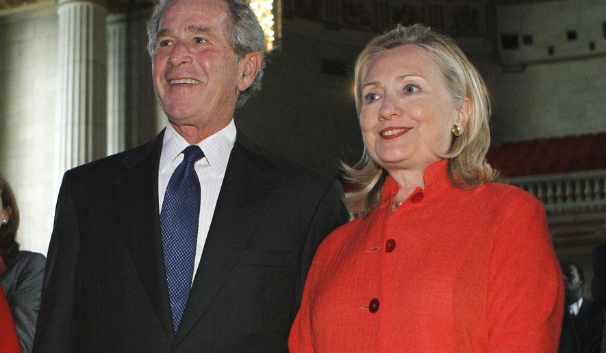 FILE - In this Sept. 13, 2011 file photo former President George W. Bush and then Secretary of State Hillary Rodham Clinton attend a ceremony to announce the combating of cervical and breast cancer in developing nations in Washington. Bush is helping his former White House senior adviser raise money in the closely watched Virginia governor's race. An invitation obtained by The Associated Press shows Bush will headline a fundraiser for Ed Gillespie on Oct. 16, 2017, in Alexandria. On the Democratic side, Lt. Gov. Ralph Northam has a scheduled fundraiser with Clinton in New York next week. (AP Photo/Jose Luis Magana, File)