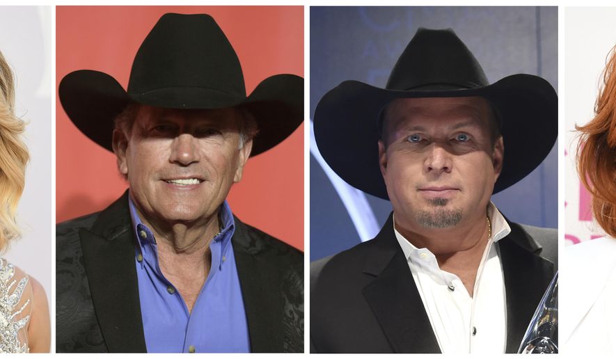 In this combination photo, Carrie Underwood appears at the 52nd annual Academy of Country Music Awards in Las Vegas on April 2, 2017, from left, George Strait arrives at the MusiCares Person of the Year tribute in Los Angeles on Feb. 10, 2017. Garth Brooks, appears at the 50th annual CMA Awards in Nashville, Tenn., on Nov. 2, 2016, and Reba McEntire arrives at the 52nd annual Academy of Country Music Awards in Las Vegas on April 2, 2017. Underwood, Strait, Brooks and McEntire will play a benefit concert in Nashville on Nov. 12 to raise money for those affected by recent hurricanes. (AP Photo/File)