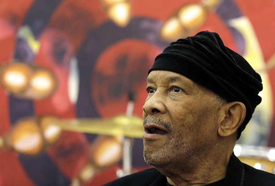 Jazz musician Roy Ayers, looks on during his workshop with young music artist at Funda Centre in Soweto, South Africa, Friday, Sept. 29, 2017. Ayers, who is in South Africa for a jazz festival, radiated enthusiasm on Friday as he urged a couple of dozen people at an arts center to "vibe on" role models even if they don't always meet expectations. (AP Photo/Themba Hadebe)