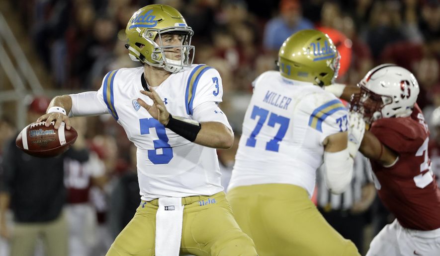 UCLA quarterback Josh Rosen (3) prepares to throw a pass against UCLA during the first half of an NCAA college football game Saturday, Sept. 23, 2017, in Stanford, Calif. (AP Photo/Marcio Jose Sanchez)