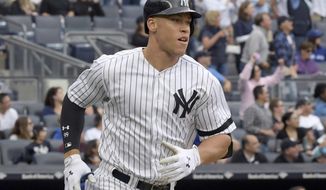 New York Yankees&#39; Aaron Judge rounds the bases with a home run during the fourth inning of a baseball game against the Toronto Blue Jays, Saturday, Sept.30, 2017, at Yankee Stadium in New York. (AP Photo/Bill Kostroun)