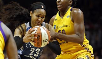Minnesota Lynx forward Maya Moore, left, drives to the basket against Los Angeles Sparks forward Nneka Ogwumike during the first half in Game 4 of the WNBA basketball finals, Sunday, Oct. 1, 2017, in Los Angeles. (AP Photo/Alex Gallardo)