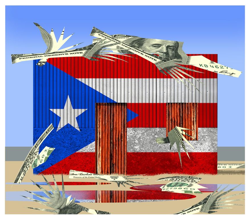Illustration on rebuilding Pueto Rico&#39;s economic structures by Alexander Hunter/The Washington Times