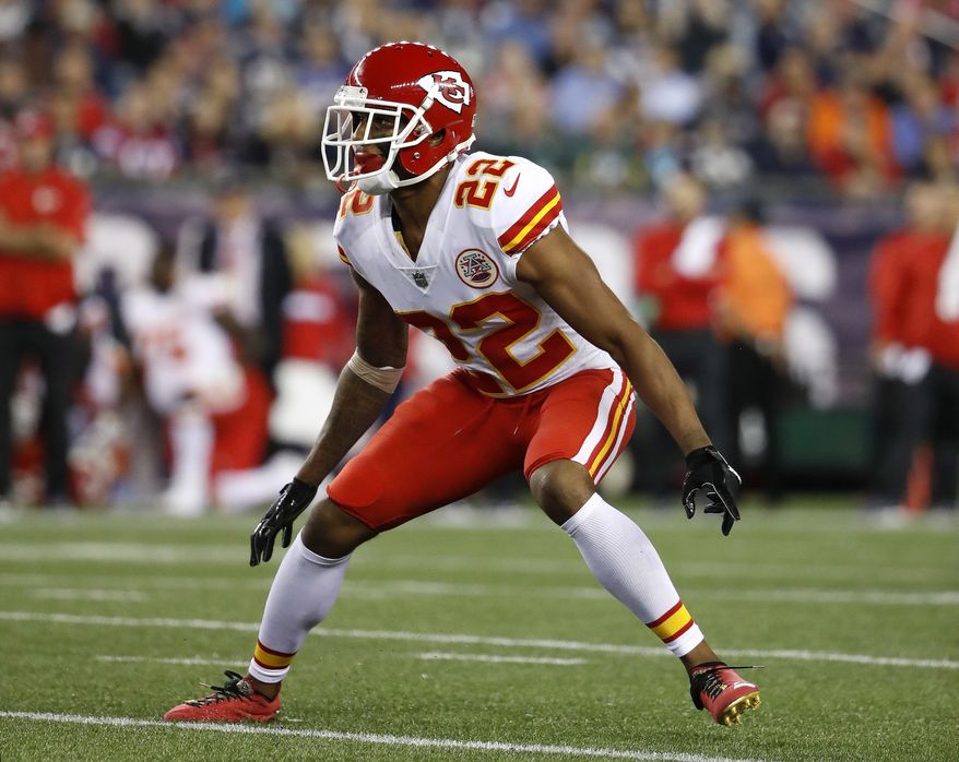 Kansas City Chiefs cornerback Marcus Peters during an NFL football game against the New England Patriots at Gillette Stadium in Foxborough, Mass. Thursday, Sept. 7, 2017. (Winslow Townson/AP Images for Panini)