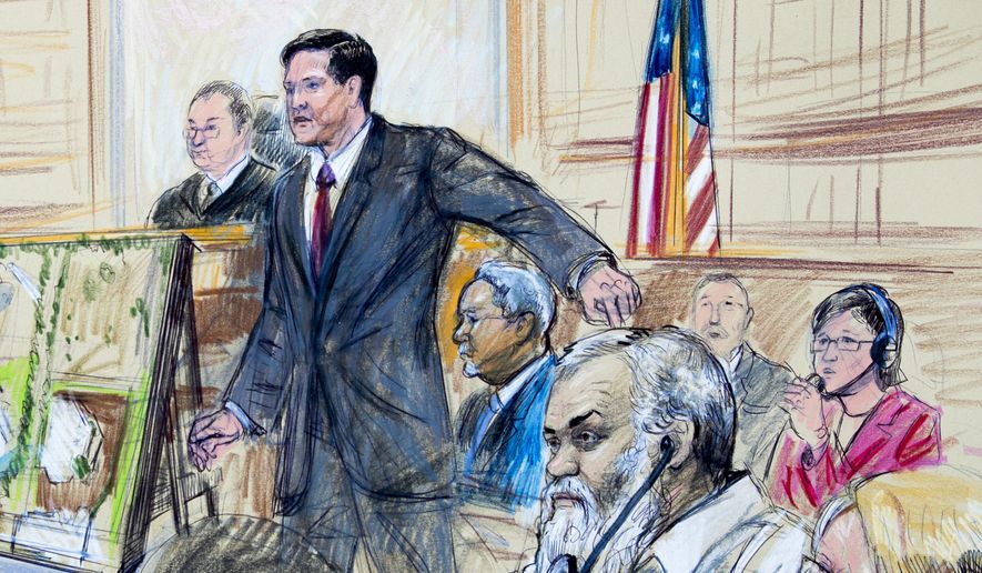 This courtroom sketch depicts Ahmed Abu Khattala listening to a interpreter through earphones during the opening statement by assistant U.S. attorney John Crabb, second from left, at federal court in Washington in the trial presided by U.S. District Judge Christopher Cooper, Monday, Oct. 2, 2017. Khattala, the suspected mastermind of the 2012 attacks on a diplomatic compound in Benghazi, Libya, that killed four Americans, is on trial. Defense attorney Jeffery Robinson, sits behind Crabb in a light blue suit and Michelle Peterson, also a member of the defense team, is at far right. (Dana Verkouteren via AP)