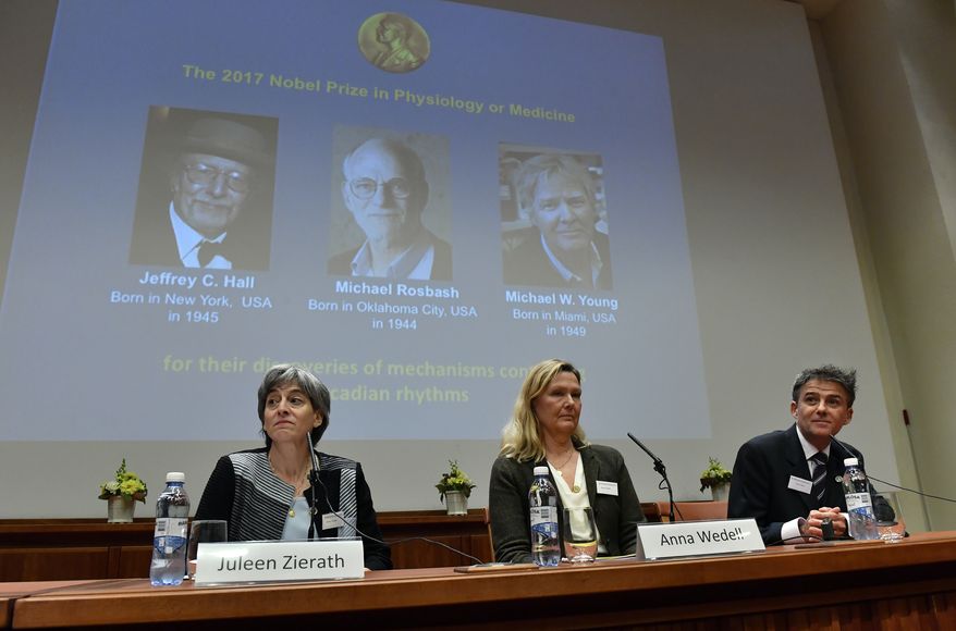 Anna Wedell, chairman of the Nobel committee, center, and members of the committee Juleen Zierath, left, and Carlos Ibanez, announce the winners of the 2017 Nobel Prize for Medicine during a press conference at the Nobel Forum in Stockholm, Monday Oct. 2, 2017. The Nobel Prize for Medicine has been awarded to three Americans for discoveries about the body's daily rhythms. The laureates are Jeffrey c. Hall, Michael Rosbash and Michael W. Young. (Jonas Ekstromer/TT via AP)
