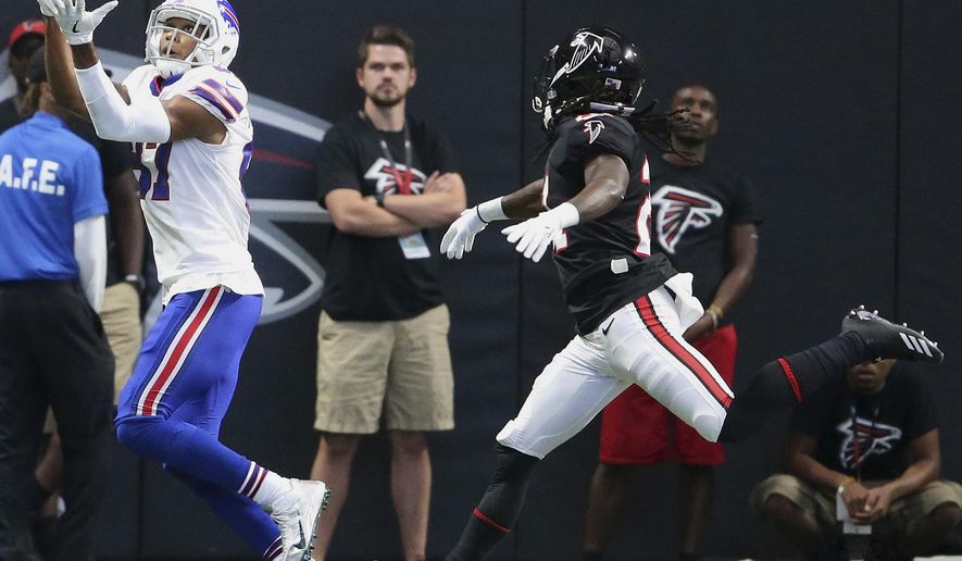 Buffalo Bills wide receiver Jordan Matthews (87) makes a touchdown catch against Atlanta Falcons cornerback Desmond Trufant (21) during the first half of an NFL football game, Sunday, Oct. 1, 2017, in Atlanta. (AP Photo/John Bazemore)
