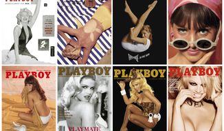 In this combination photo of images released by Playboy, Marilyn Monroe appears on the cover of the December 1953 issue, top row from left, Janet Pilgrim appears on the cover of the July 1955 issue, Donna Michelle appears on the cover of the May 1964 issue, Turid Lundberg appears on the cover of the June 1965 issue, and bottom row from left, Barbi Benton appears on the cover of the July 1969 issue, Anna Nicole Smith appears on the cover of the June 1993 issue, Jenny McCarthy appears on the cover of the January 2005 issue and Pamela Anderson appears on the cover of the January/February 2016 issue. (Playboy via AP) **FILE**