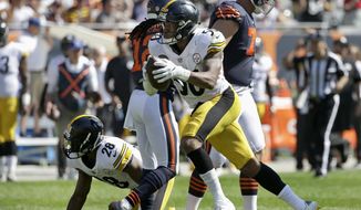 FILE - In this Sept. 24, 2017, file photo, Pittsburgh Steelers linebacker Ryan Shazier (50) celebrates after recovering a fumble by Chicago Bears running back Jordan Howard during the second half of an NFL football game in Chicago. In the span of four quarters against the Baltimore Ravens on Sunday, Oct. 1, Shazier put all of his remarkable tools on display, the ones his teammates see on a daily basis, the ones that have been far too infrequent for Shazier’s liking during his first three seasons. (AP Photo/Nam Y. Huh, File)