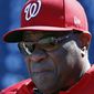 Washington Nationals manager Dusty Baker keeps his eye on practice at Nationals Park, Tuesday, Oct. 3, 2017, in Washington. Game 1 of the National League Division Series against the Chicago Cubs is Friday. (AP Photo/Alex Brandon)