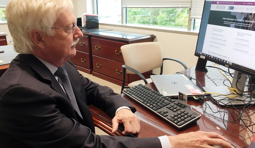 Dr. George Koob, director of the National Institute on Alcohol Abuse and Alcoholism at the National Institutes of Health, is shown Tuesday, Sept. 19, 2017, in his office in Rockville, Md. Koob’s agency is releasing a novel online tool to help people get a better shot at high-quality care for alcohol problems _ directories of treatment providers paired with the questions to ask before signing up. (AP Photo/Lauran Neergaard)