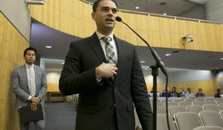 Conservative writer Ben Shapiro speaks during the first of several legislative hearings planned to discuss balancing free speech and public safety, Tuesday, Oct. 3, 2017, in Sacramento, Calif. (AP Photo/Rich Pedroncelli)