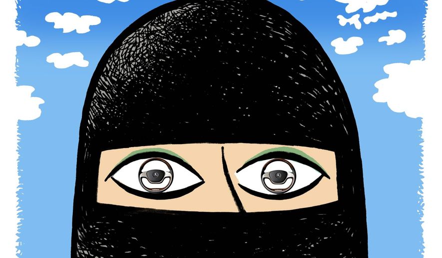 Illustration on Saudi women being legally allowed to drive by Alexander Hunter/The Washington Times