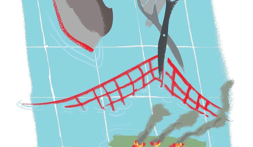 Illustration on President Trump's waiving the Jones Act by Linas Garsys/The Washington Times